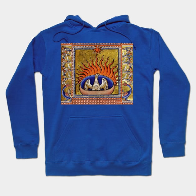 MEDIEVAL BESTIARY,PHOENIX IN RED FLAMES,TREE OF LIFE ,BIRDS,DRAGONS FANTASTIC ANIMALS IN GOLD RED BLUE COLORS Hoodie by BulganLumini